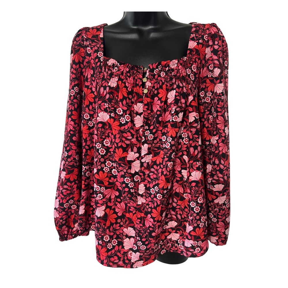 Draper James Red Pink Floral Square Neck Button Front Long Sleeve Blouse Top S
